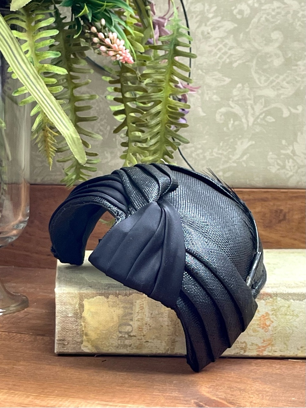 Vintage 1950s The Fashion Black Pleated Half Hat Turban Feather Fascinator